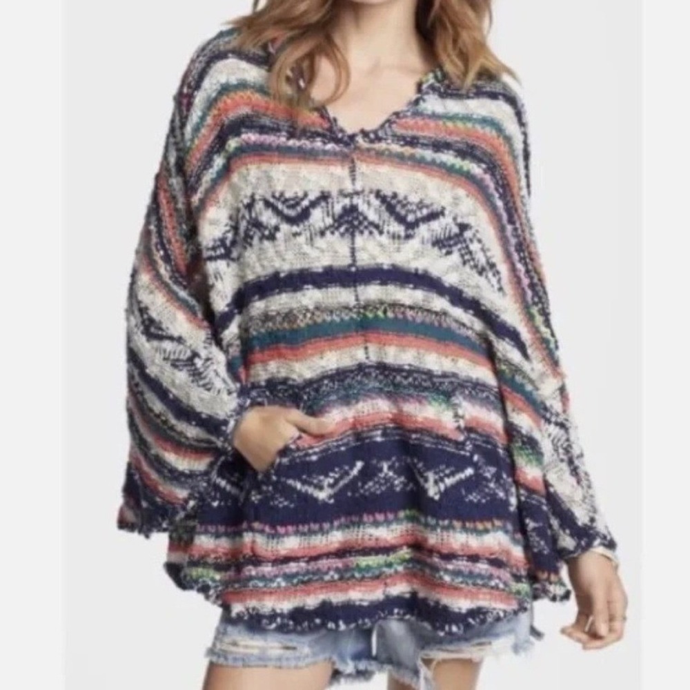 Free People Baja Beach Hoodie Poncho Sweater Multicolor Fair Isle XS/S (1204)